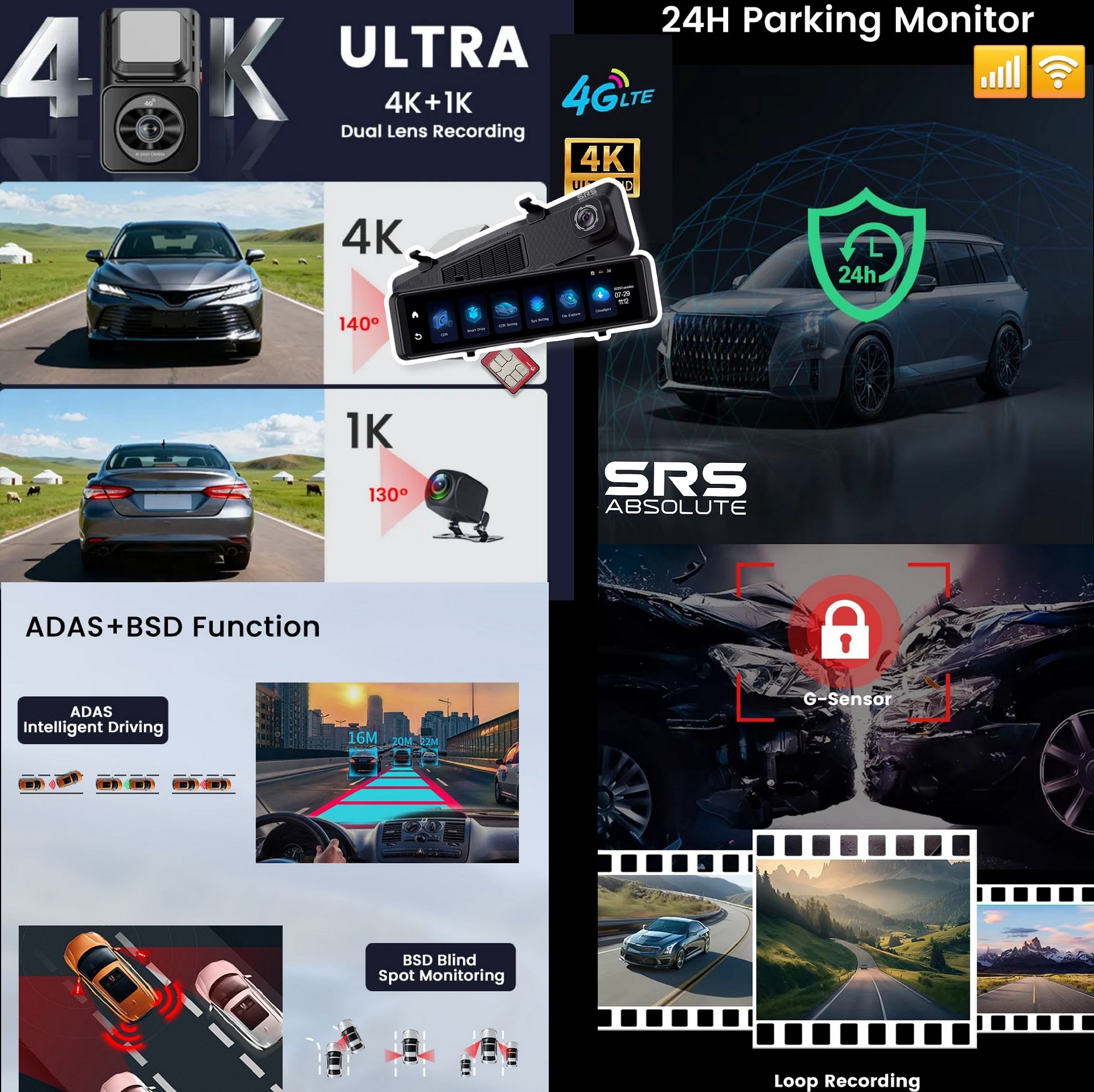 SRS ABSOLUTE 4K 4G Mirror Dash Cam Front Rear Dual Record GPS Tracking Live Video ADAS BSD Park Monitor Timelapse Reverse Parking Remote Playback Voice Calling 1TB MicroSD SIM Support product image (4)