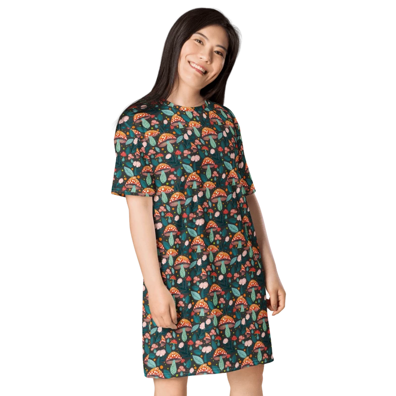 Mushroom dress T-shirt dress Forest-inspired fashion Mushroom pattern clothing Nature-themed apparel Casual stylish dress Eco-friendly fashion Unique graphic clothing Nature lover gifts Trendy mushroom design