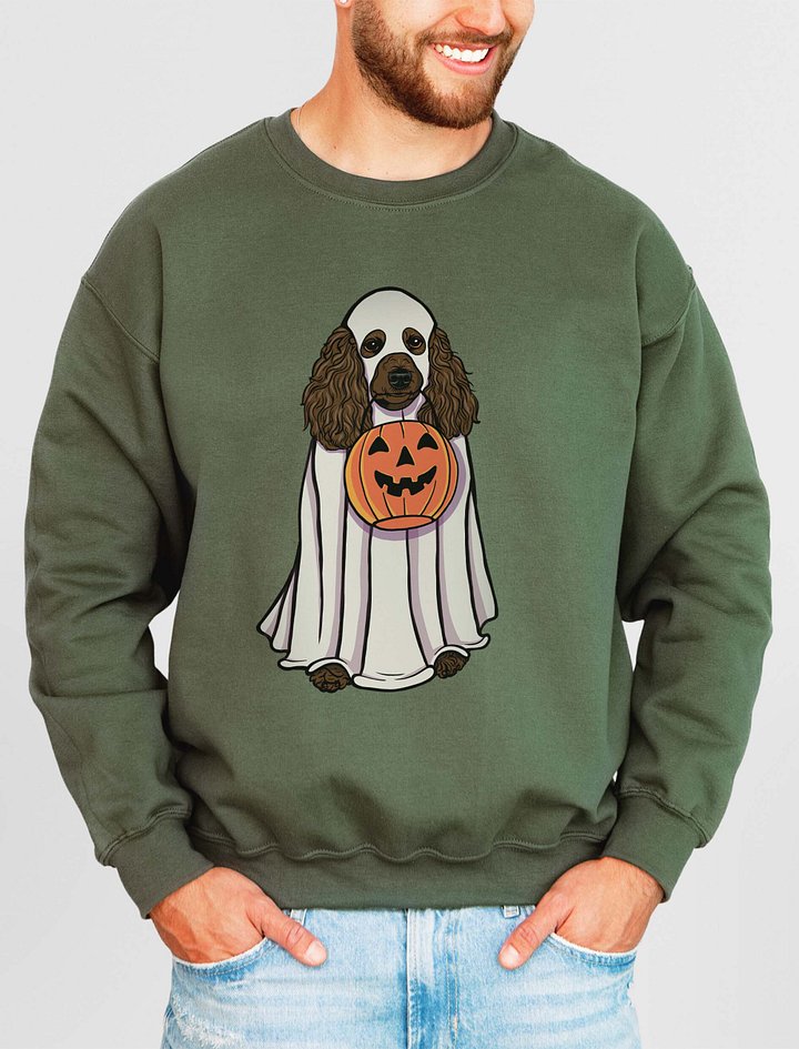 Funny Halloween Poodle(Chocolate) Sweatshirt | Funny Papillon Wearing a Ghost Costume and Holding a Pumpkin Basket product image (2)