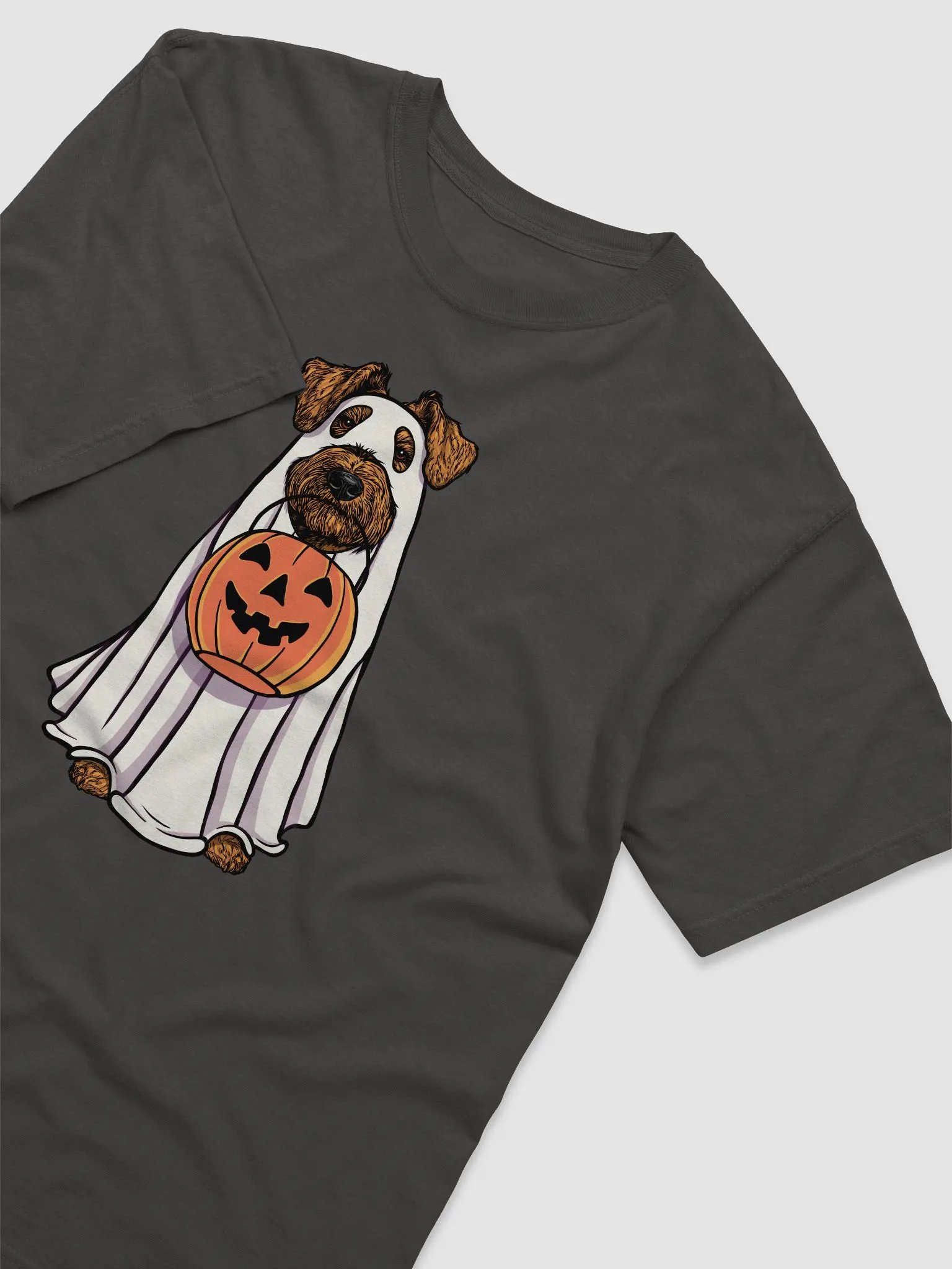 Funny Halloween Airedale Terrier T-Shirt | Funny Airedale Wearing a Ghost Costume and Holding a Pumpkin Basket product image (6)