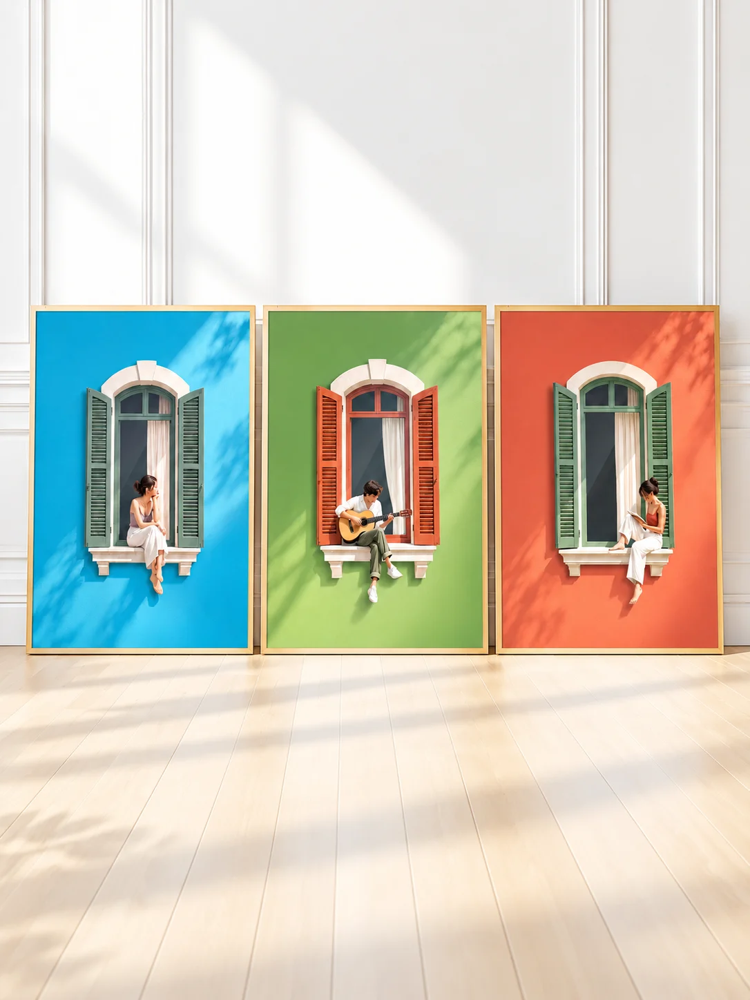 Mediterranean Window Wall Art Set of 3, Colorful Figurative Prints, Italian Coastal Decor, Sunlit Woman Guitar Printable product image (1)