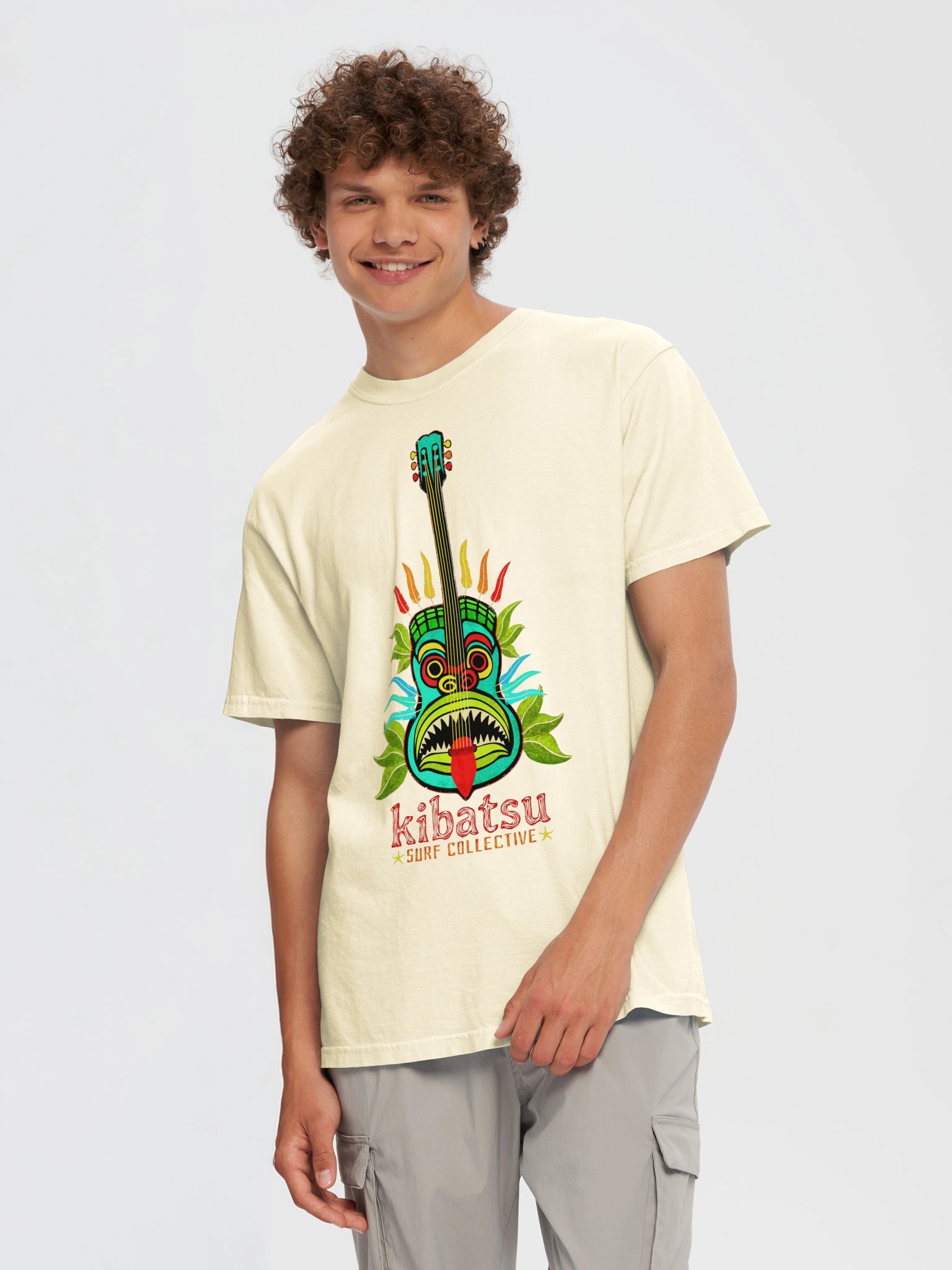 Kibatsu Surf Collective Feathered Tribal Mask Tiki Guitar T Shirt product image (221)