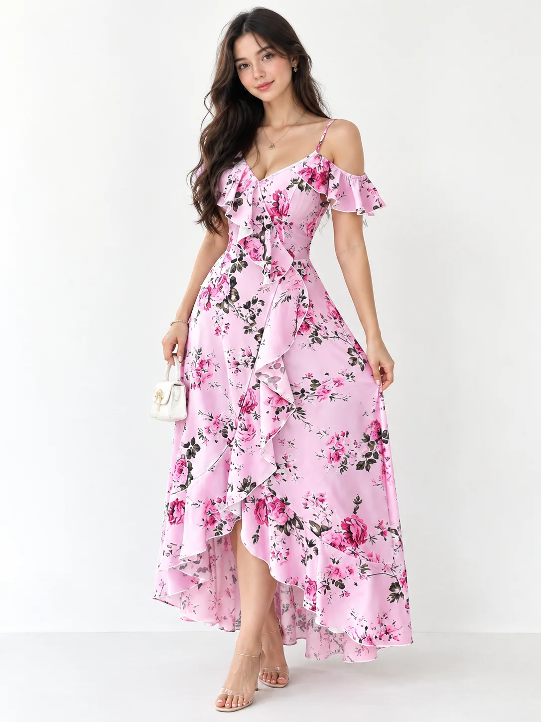 Elenzga ADLEST Women's Elegant Pink Floral Summer Maxi Dress, Retro Palace Style Wedding Ninang Party Outfit, Oblique Collar Ruffle Hem Asymmetric Long Beach Dress product image (2)