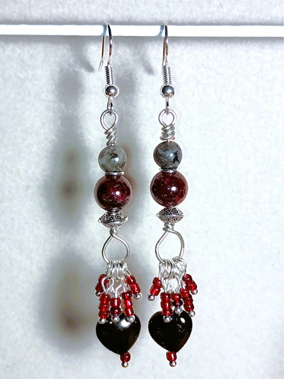 Dramatic Garnet Earrings | Handmade, Dangle, Silver-Toned | "My Bleeding Black Heart" product image (2)