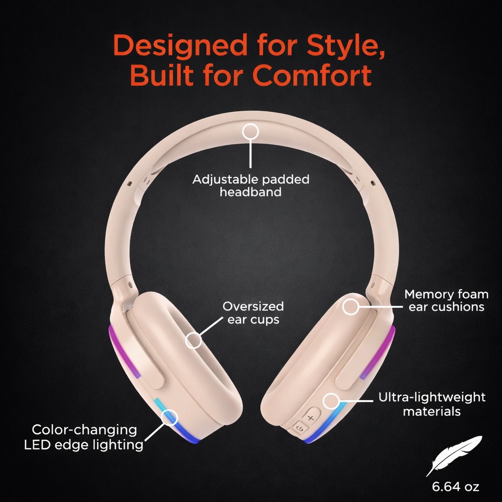 HyperGear Bluetooth-Compatible LED Headphones & Portable Speaker Bundle Wireless Audio Essentials Duo Light Up Headset Gift for Kids Teens Earbud Electronic product image (5)