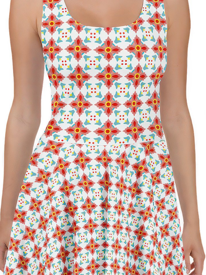 Retro Red Yellow & Cyan Floral Dress product image (2)