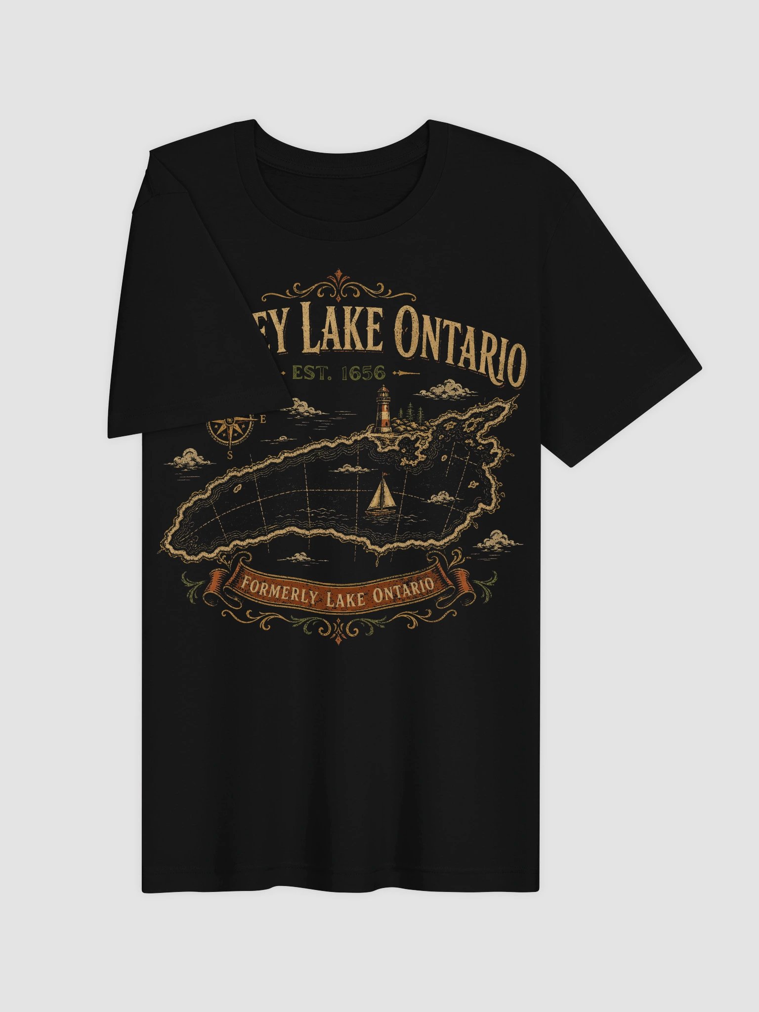 Carney Lake Ontario EST 1656 Retro Vintage Lake Ontario Scenic Lighthouse Lake Ontario Map T-Shirt product image (31)