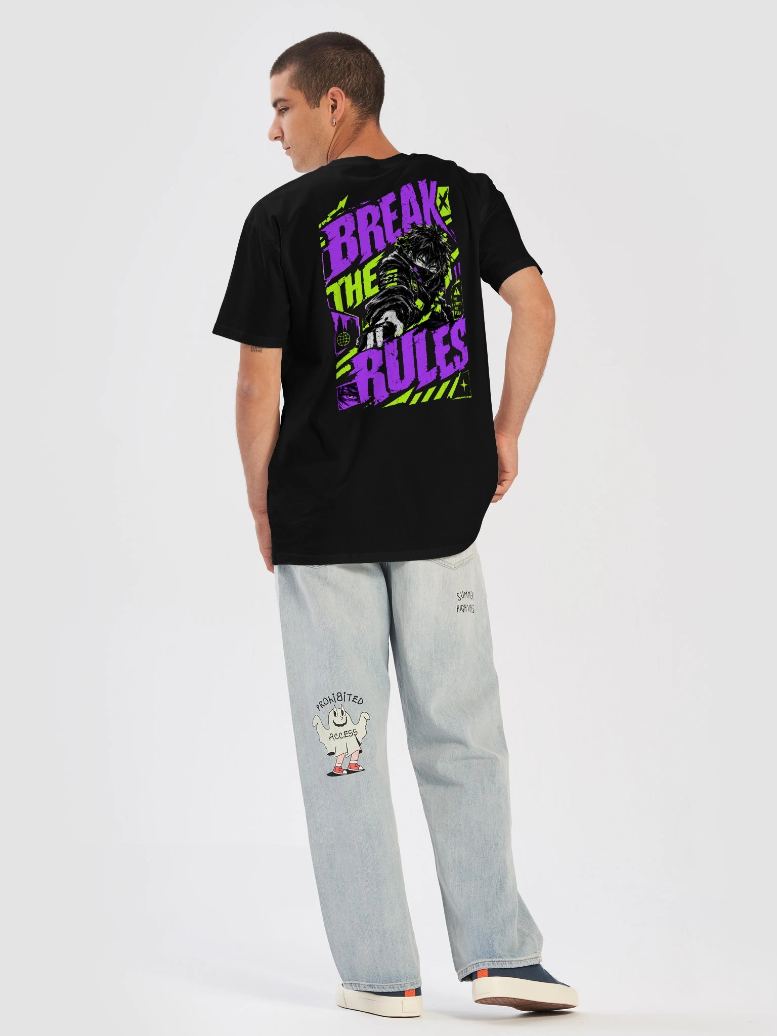 Break The Rules Cyberpunk Anime T-Shirt | Distressed Neon Back Print Graphic Tee product image (2)