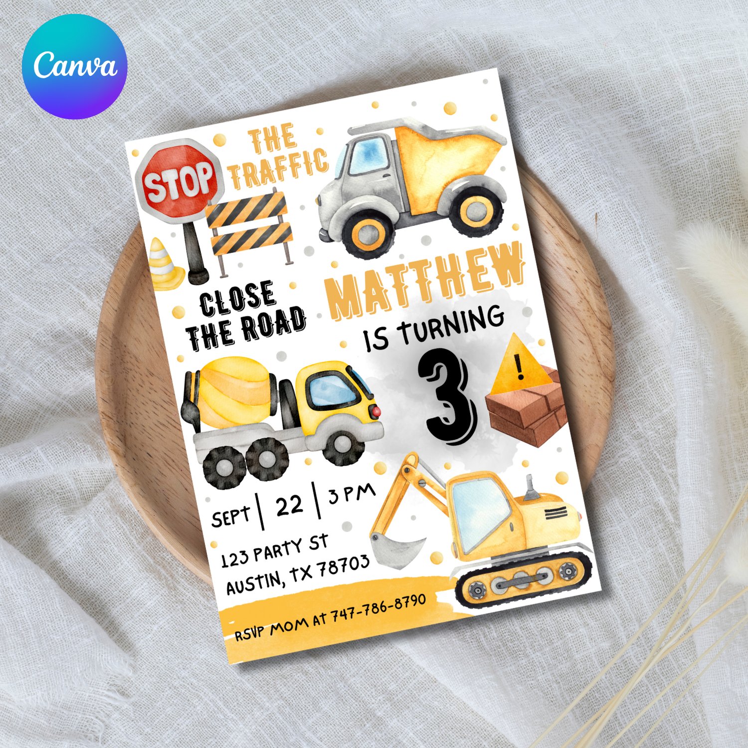 Construction Birthday Invitation Template – Canva Editable Builder Party Invite product image (1)