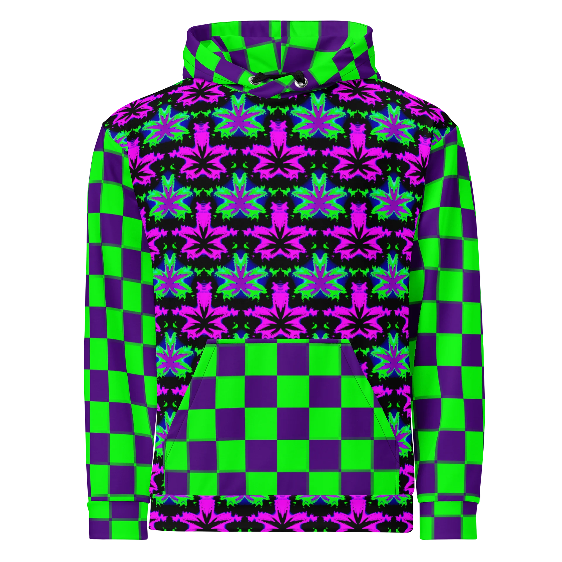 Pot Leaf 420 Festival Hoodie, Cannabis Clowncore Checkers Clothing, Neon Retro Raver Stoner Fashion, Twisted Techno Top, Weird Weed EDM Wear product image (6)