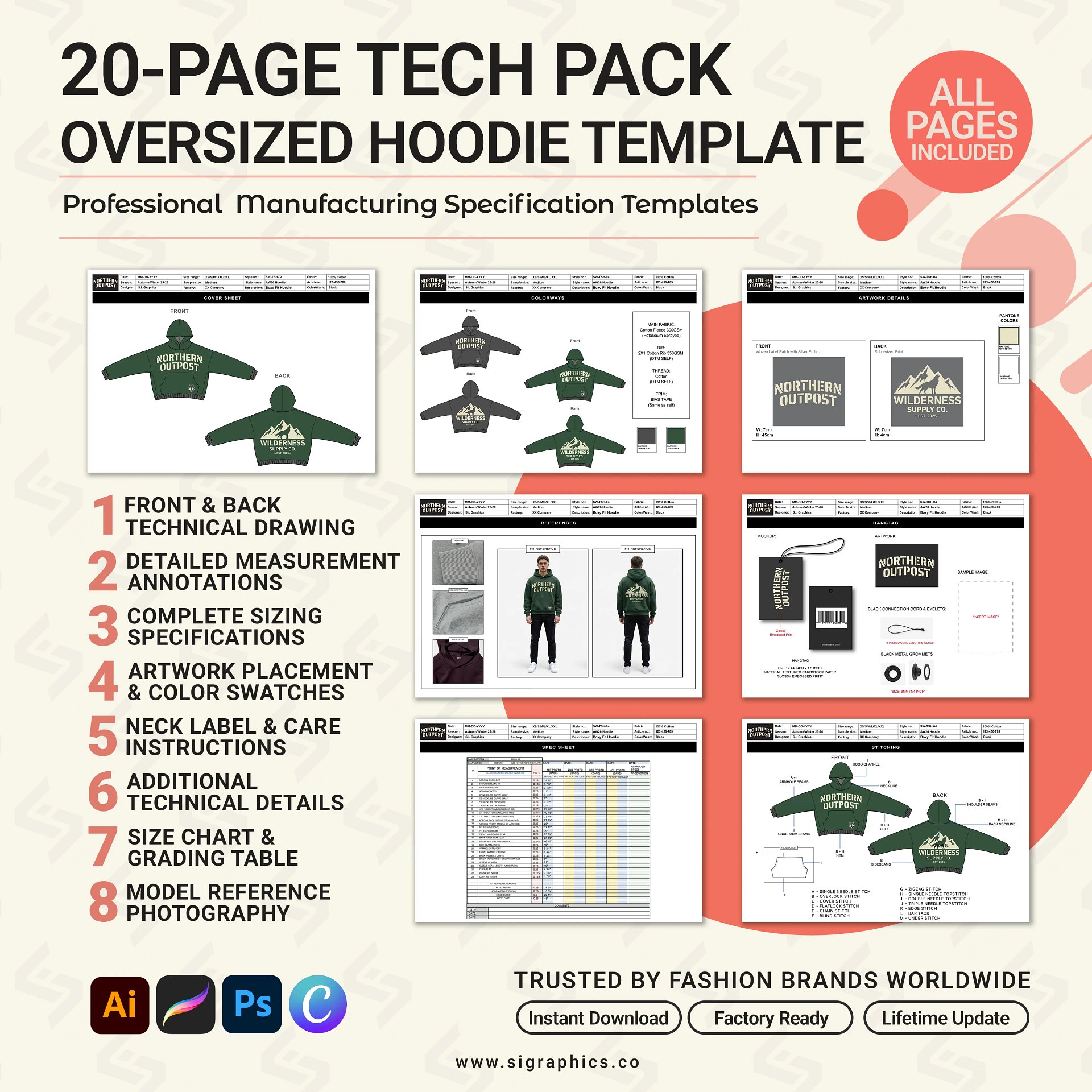 Drop Shoulder Hoodie Tech Pack Template product image (2)