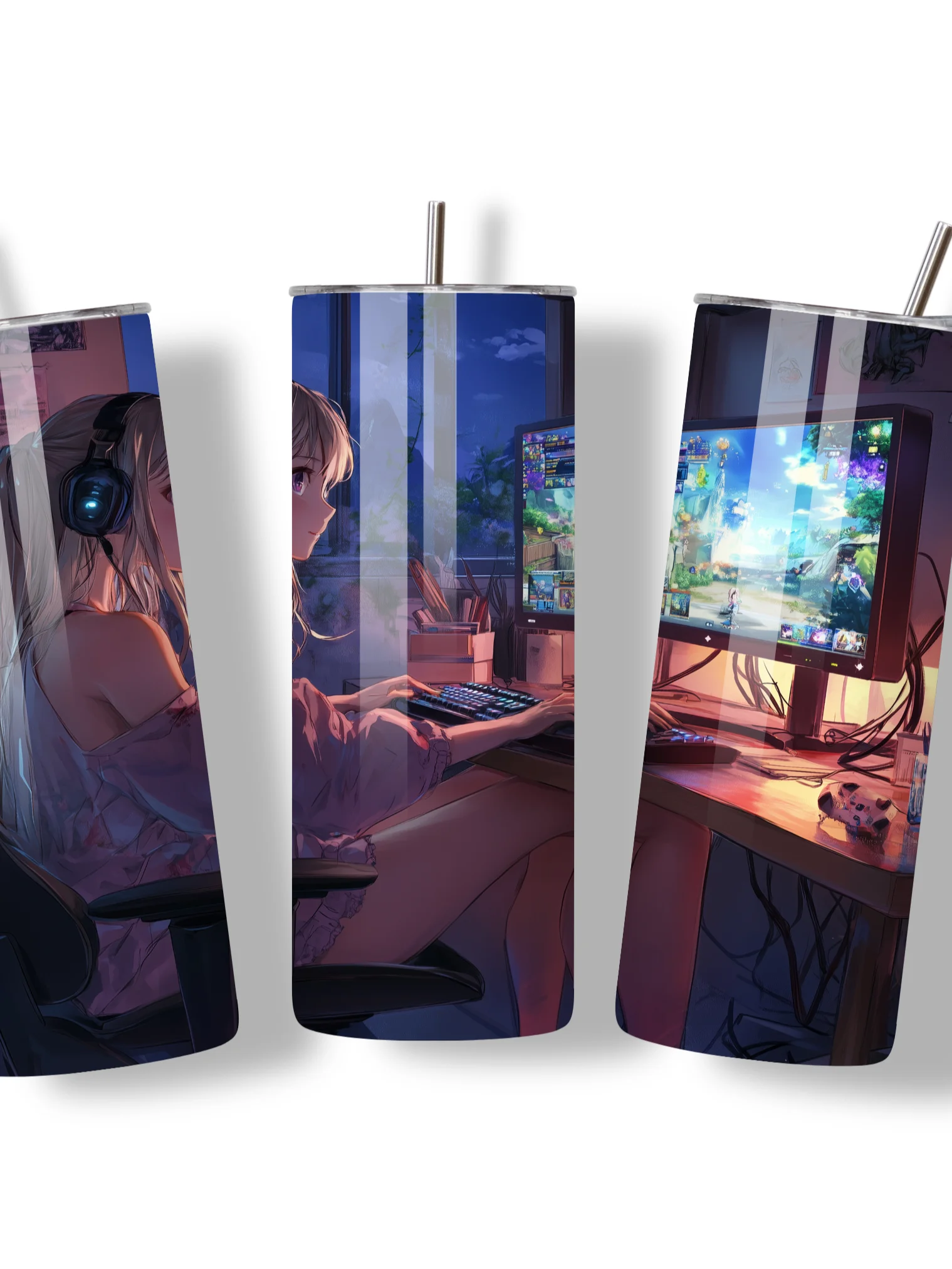 Anime Gamer Girl 20oz Skinny Tumbler with Metal Straw – Vibrant Gaming Setup Design – Double-Walled Insulated Stainless Steel Tumbler Gift for Anime and Gaming Fans (Anime Girl 1) product image (3)