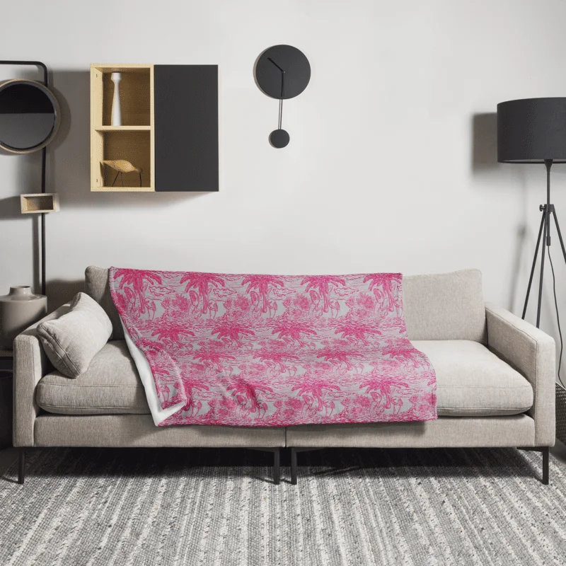 Flamingo Fancy Toile Throw Blanket | Hot Pink on Grey Tropical Toile with Cheeky Flamingos | by Monique Faella Designs™ product image (2)