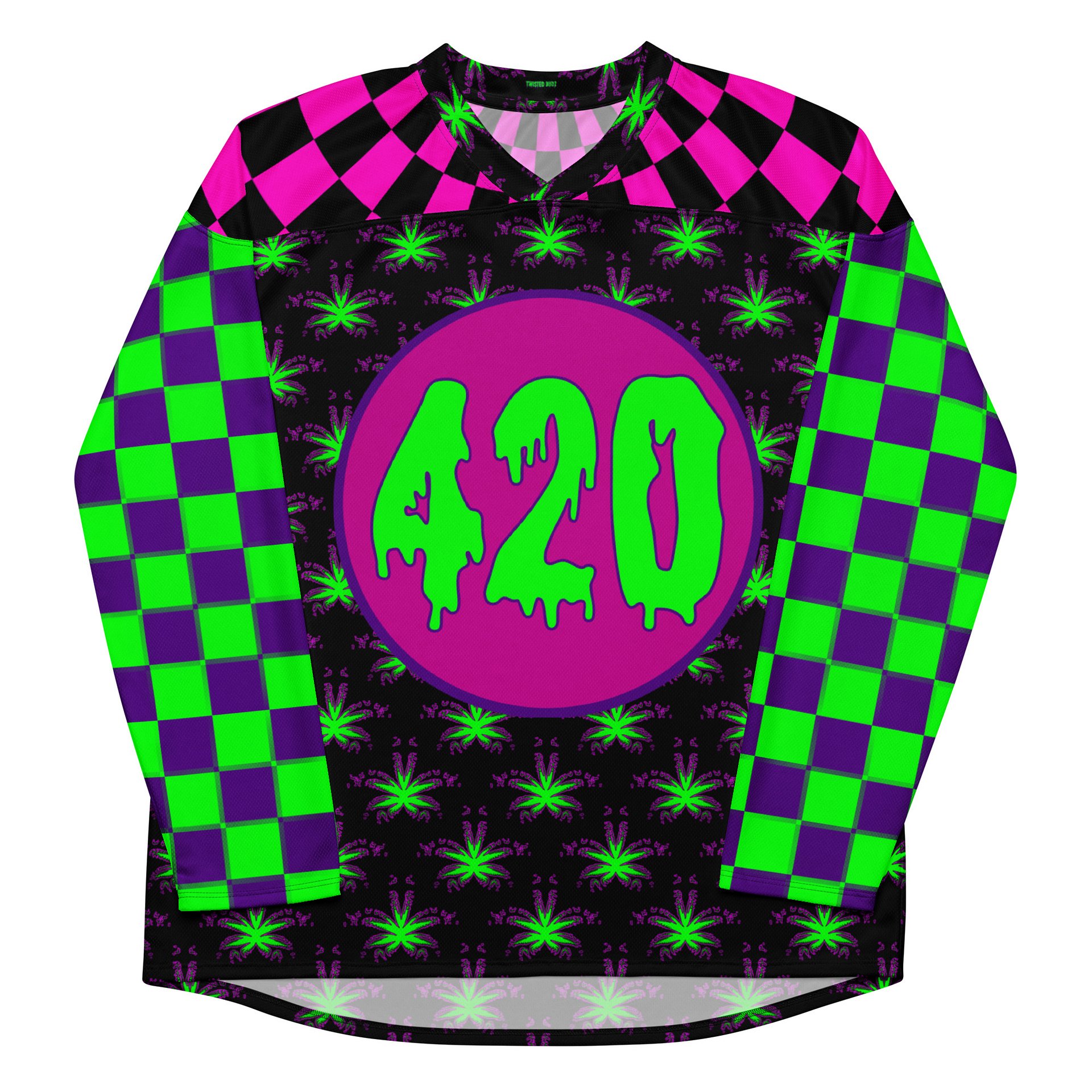 Cannabis 420 Hockey Jersey, Pot Leaf Stoner Clothes, Weird Weed EDM Rave Shirt, Neon 90s Checkers Retro Fashion, Alt Techno Dance Party Wear product image (7)