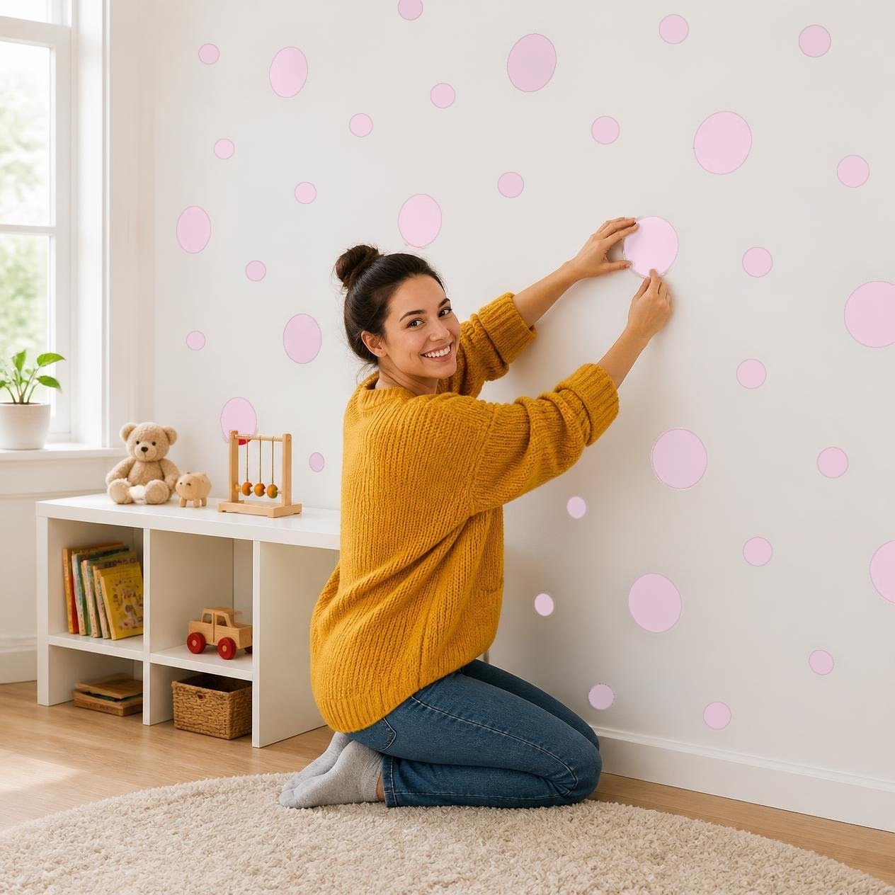Baby Pink Polka Dot Wall Decals, 2" and 4" Vinyl Circle Stickers, Removable Dot Decals for Nursery, Kids Room, Playroom product image (2)