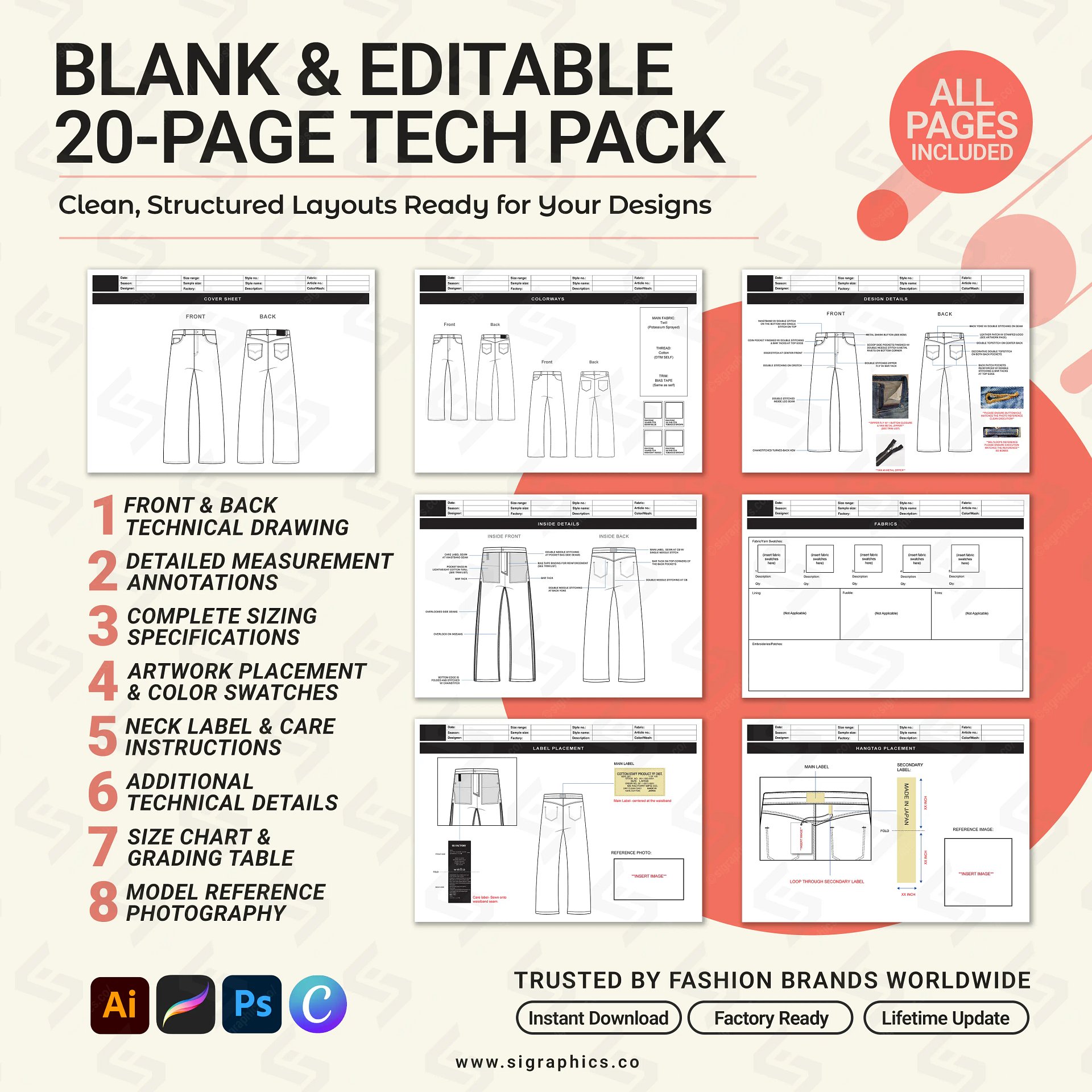 Wide-Leg Denim Jeans Tech Pack Template – Editable AI File product image (3)