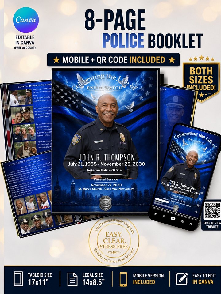 Police Officer Funeral Program & Obituary Template for Canva with QR Code product image (1)
