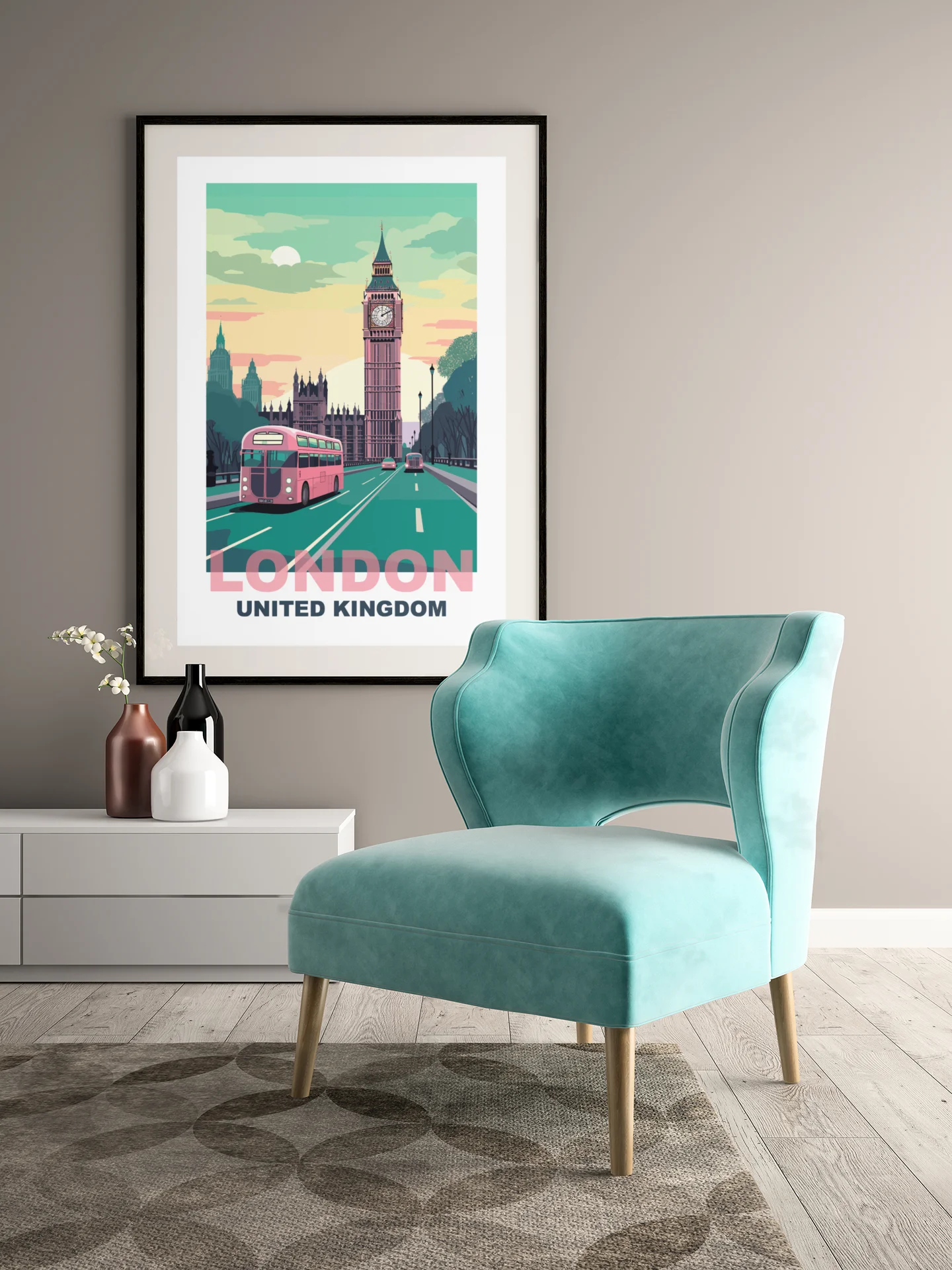 Classic London Cityscape Poster with Iconic Red Bus, Big Ben Sunrise Print, United Kingdom Urban Art, British Travel Wall Decor product image (4)