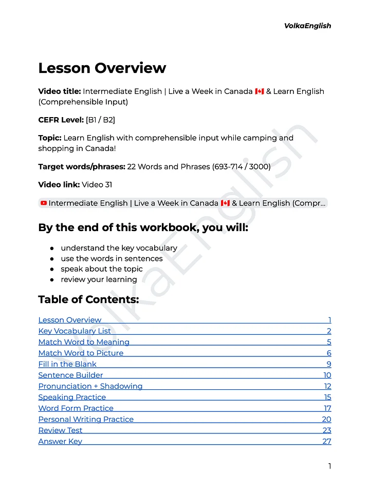 Intermediate English | Live a Week in Canada 🇨🇦 & Learn English (Comprehensible Input) - Video 31 Study Pack product image (2)