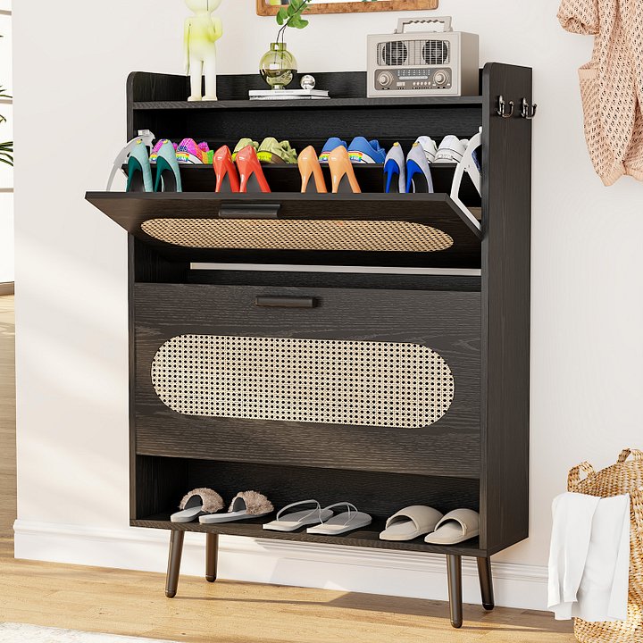 Shoe Cabinet with Natural Rattan Flip Drawers for Entryway Free Standing Slim Shoe Storage Organizer with 2 Flip Drawers Black product image (1)