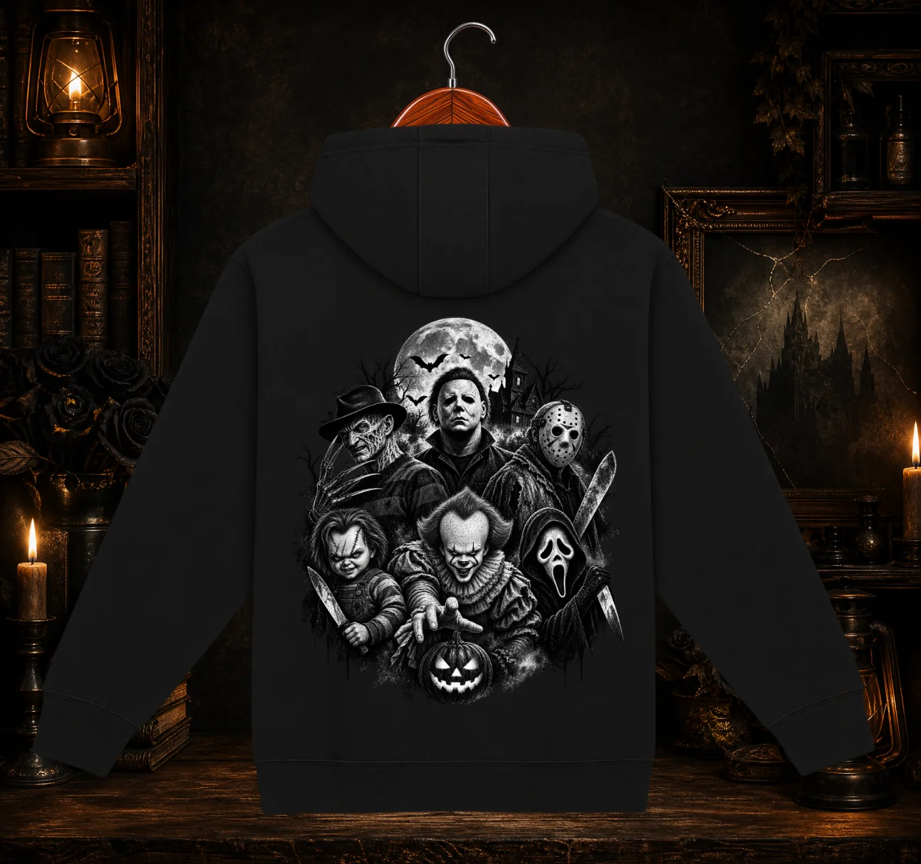 Horror Movie Legends Squad Double-Sided Hoodie | Vampire Fangs Horror Hoodie product image (1)