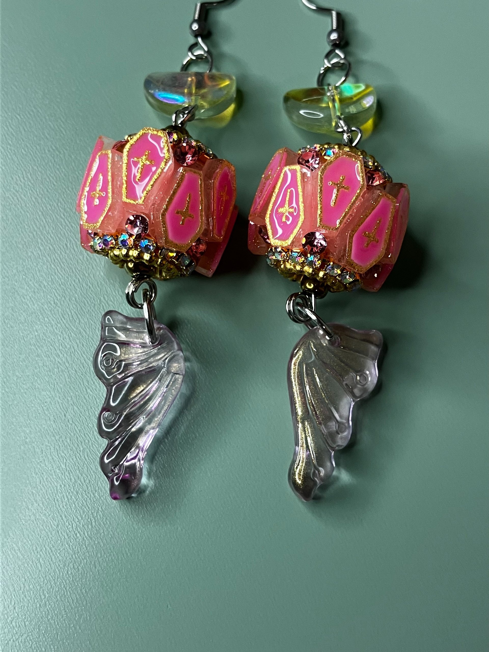 Pastel Goth Coffin Earrings with Iridescent Moon and Glass Fairy Wings product image (3)
