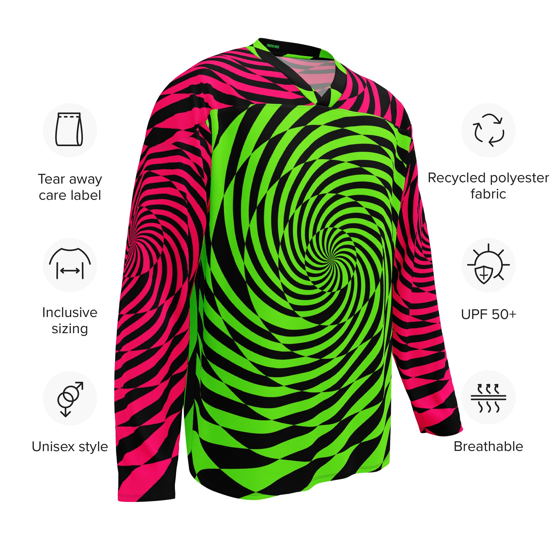 Psychedelic Rave Recycled Hockey Jersey, Trippy Spiral EDM Shirt, Techno Dance Party Festival Top, Neon Green Pink Black Alternative Clothes product image (9)