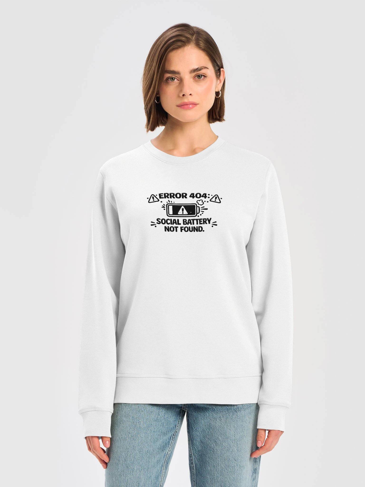 "Social Battery Not Found" Unisex Black-Stitch Embroidered Sweatshirt product image (4)