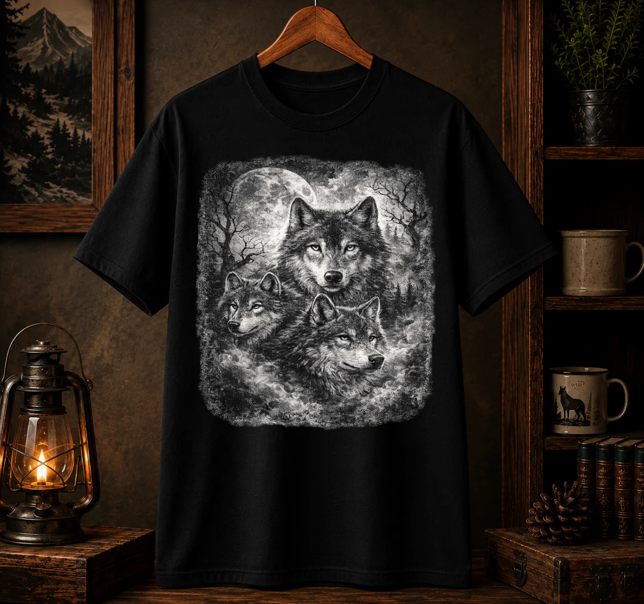 Moonlit Wolf Pack Graphic Tee | Vintage Wilderness Nature Shirt product image (1)