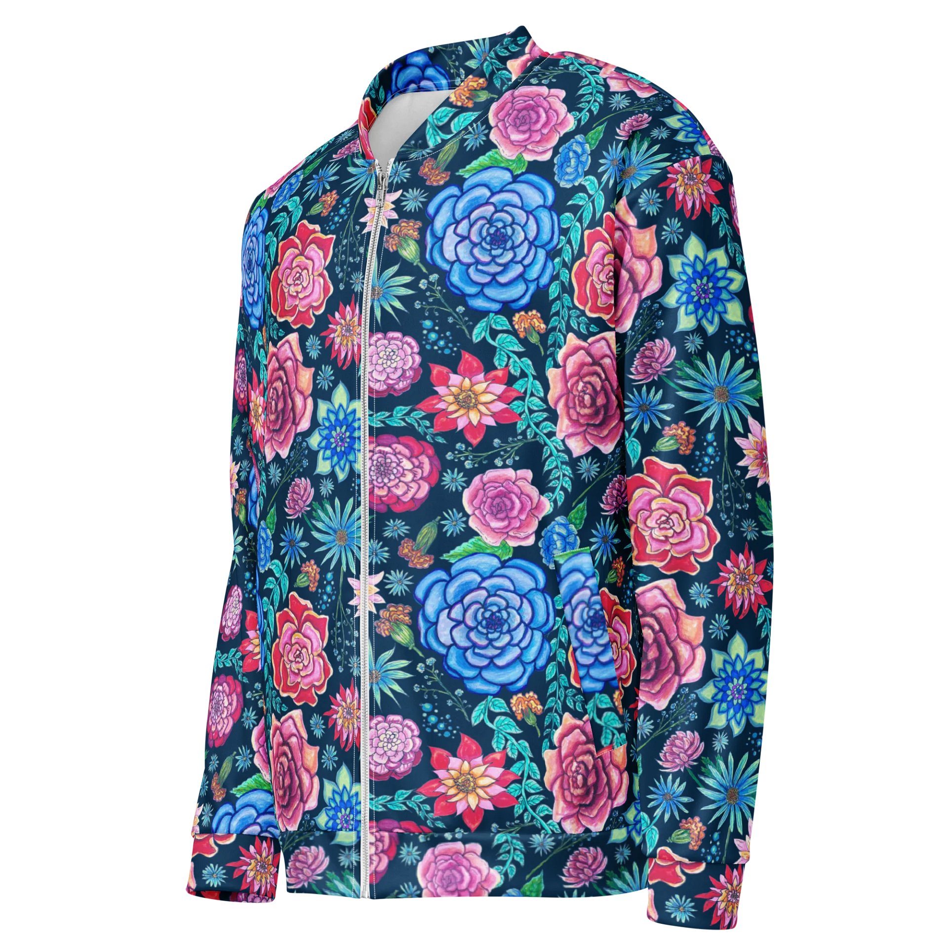 🌸 Bold Blooms, Bold Moves | Pink + Blue on White | Floral Unisex Bomber Jacket | Monique Faella Designs™ product image (3)