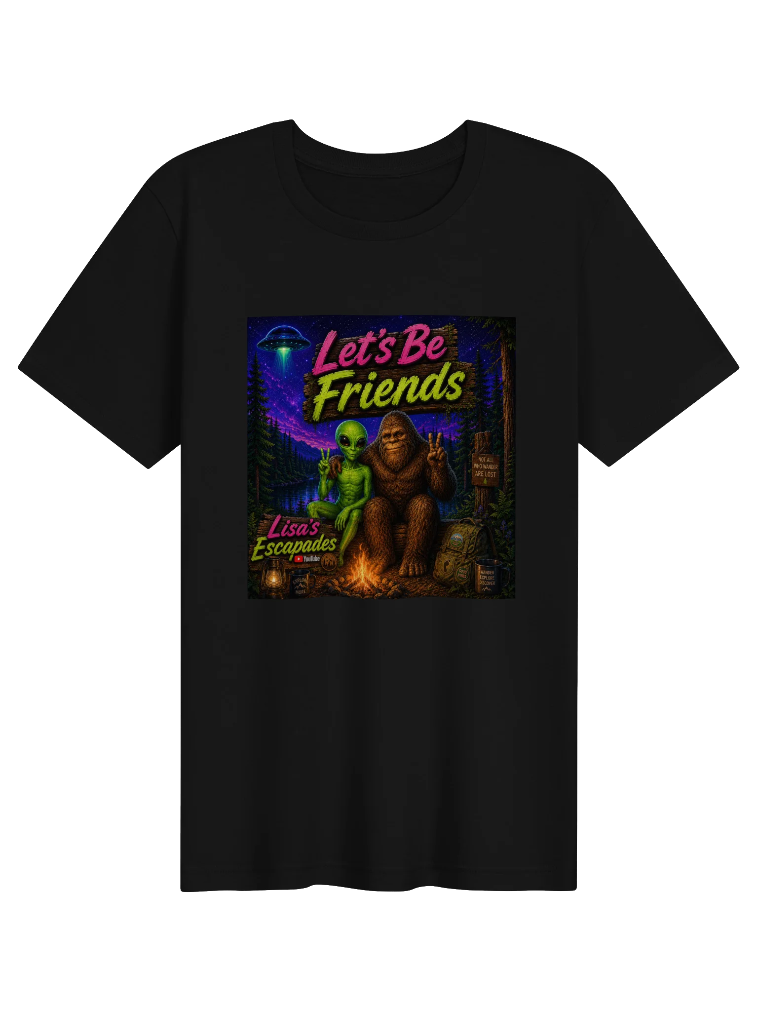 Let’s Be Friends Alien & Bigfoot Camping Tee product image (4)