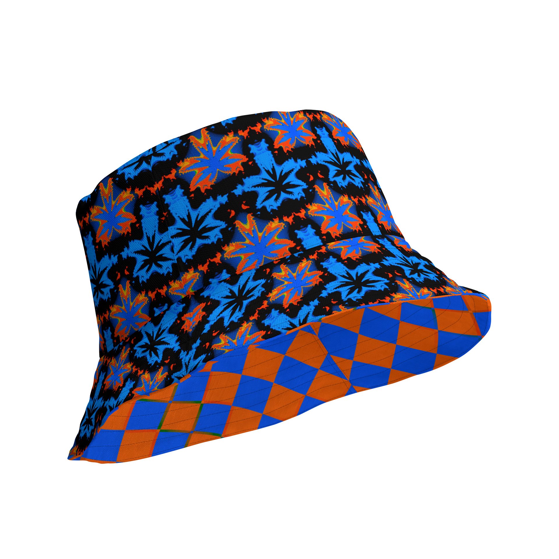 Checkers Cannabis Art Bucket Hat, Stoner Retro Rave Accessory, Pot Leaf 420 Festival Fashion, Blue Orange Black Twisted Weed Alt EDM Style product image (3)