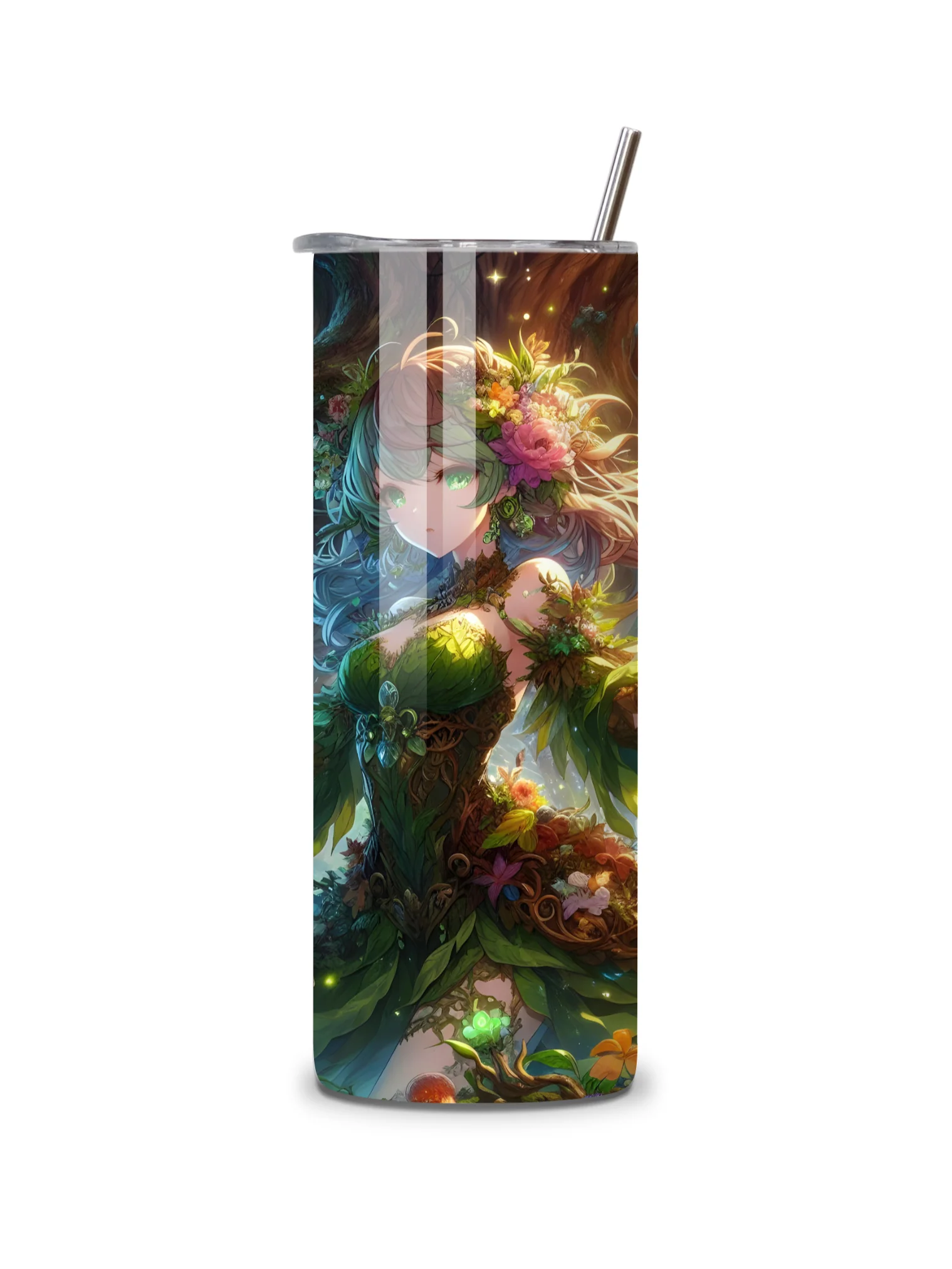 Elemental Anime Girl 20oz Skinny Tumblers with Metal Straws – Fire, Water, Earth, and Wind Designs – Double-Walled Insulated Stainless Steel Tumbler, Gift for Anime Fans and Nature Lovers (Earth) product image (5)