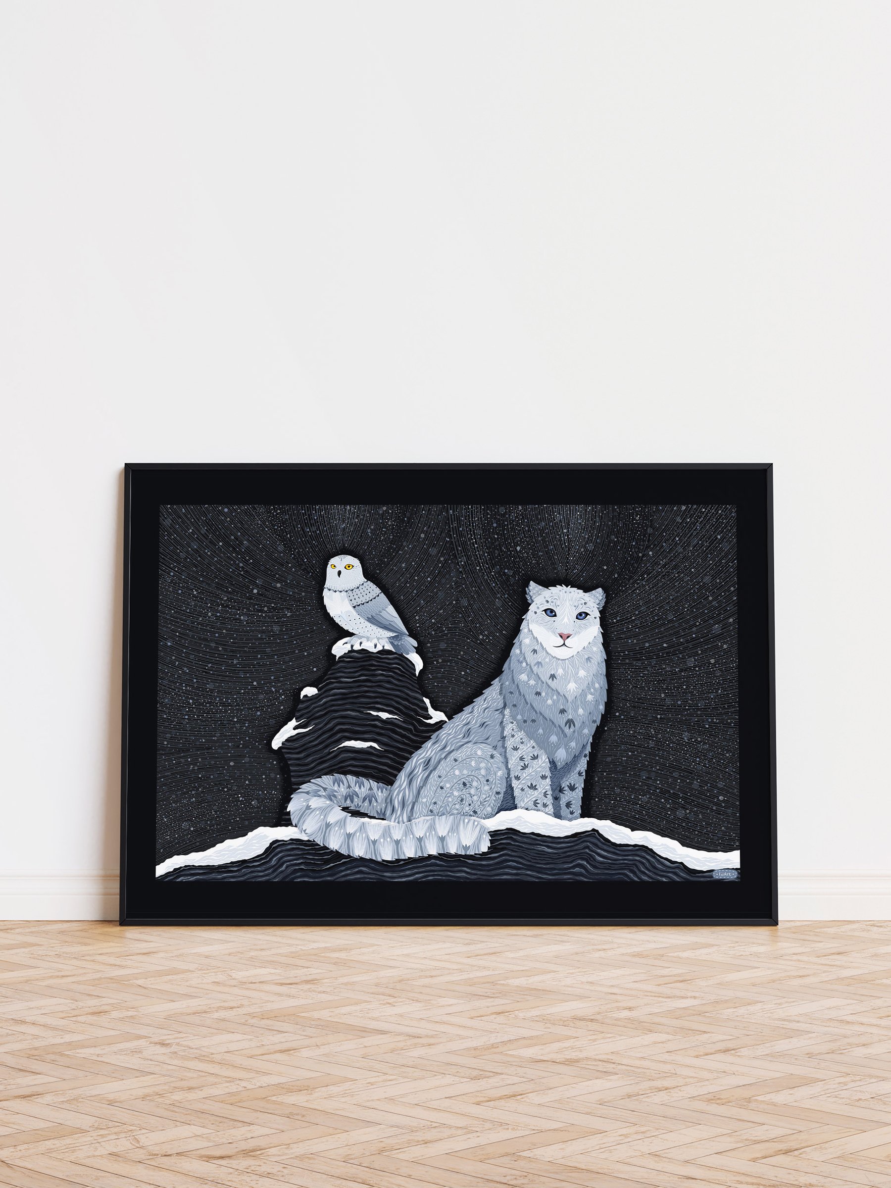 Snow Leopard and Snowy Owl Art Print product image (1)