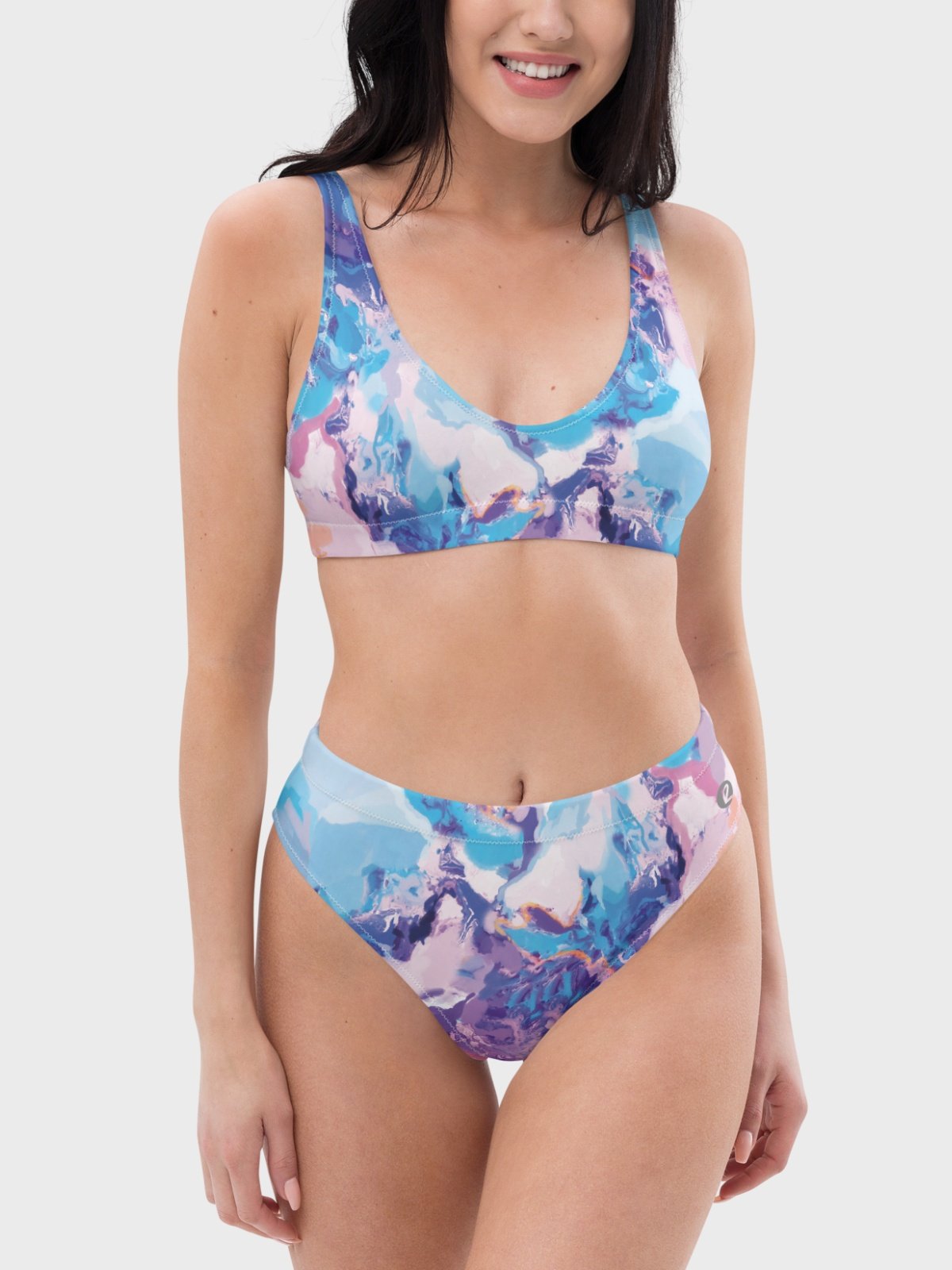 High-Waisted Bikini Bottom "Marble Effect Pastel Blue Purple Dreamy Waves" product image (4)
