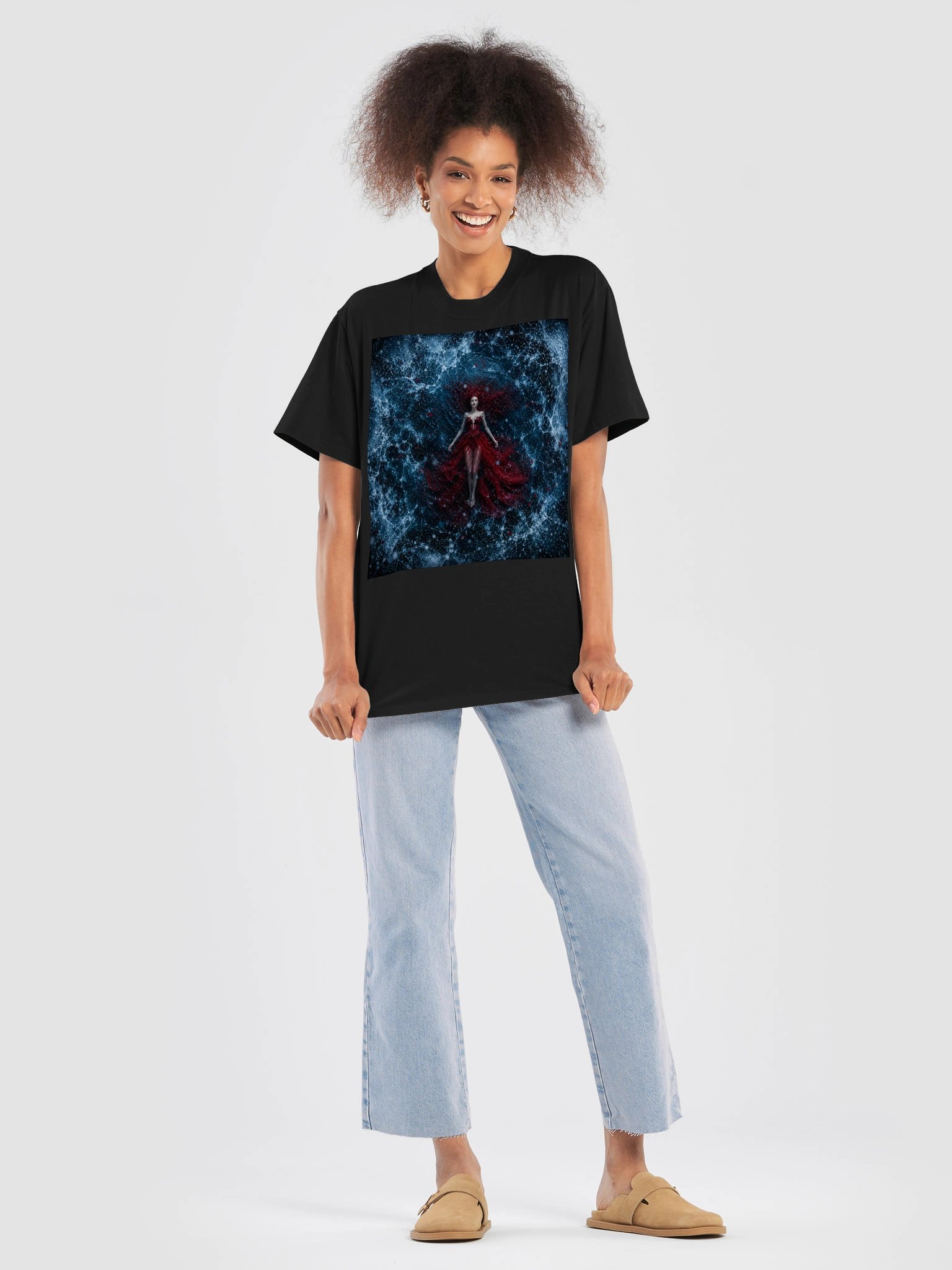 Gothic Red Goddess Oversized T-Shirt | Dark Fantasy Art Shirt | Ethereal Woman Black Graphic Tee product image (8)