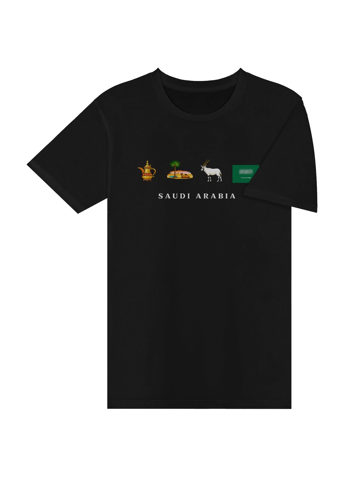 Saudi Arabia Heritage Black T-Shirt | White Antelope, Curved Vessel & Oasis Shade Graphic on Premium Cotton product image (4)
