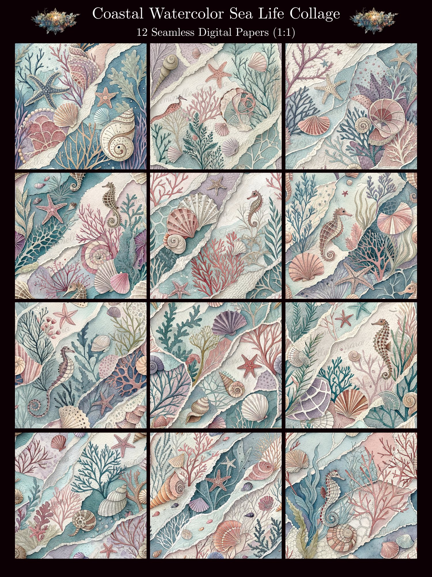 Coastal Watercolor Sealife Collage Digital Paper Bundle product image (1)