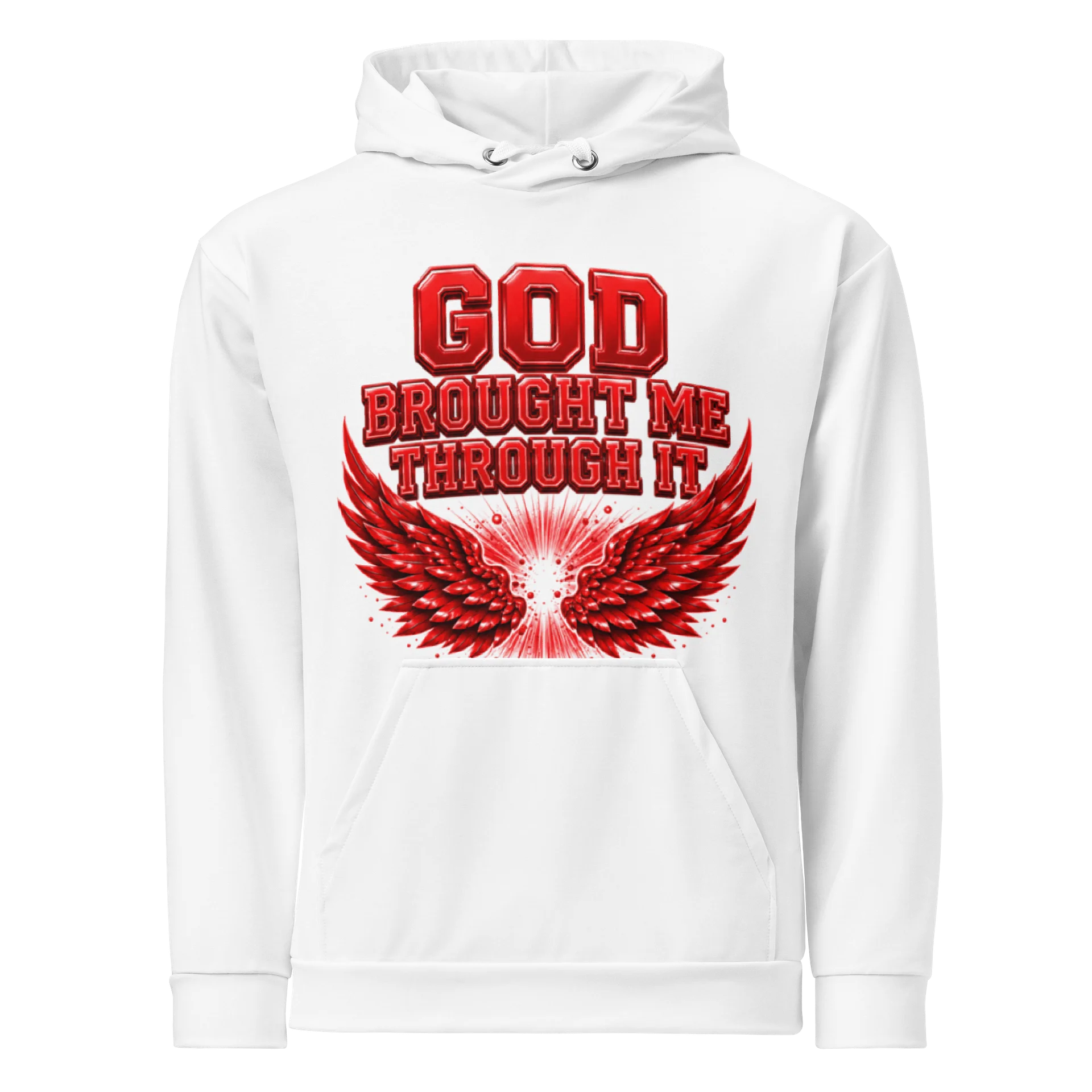 God Brought Me Through It White Hoodie – Red Wings Edition product image (1)