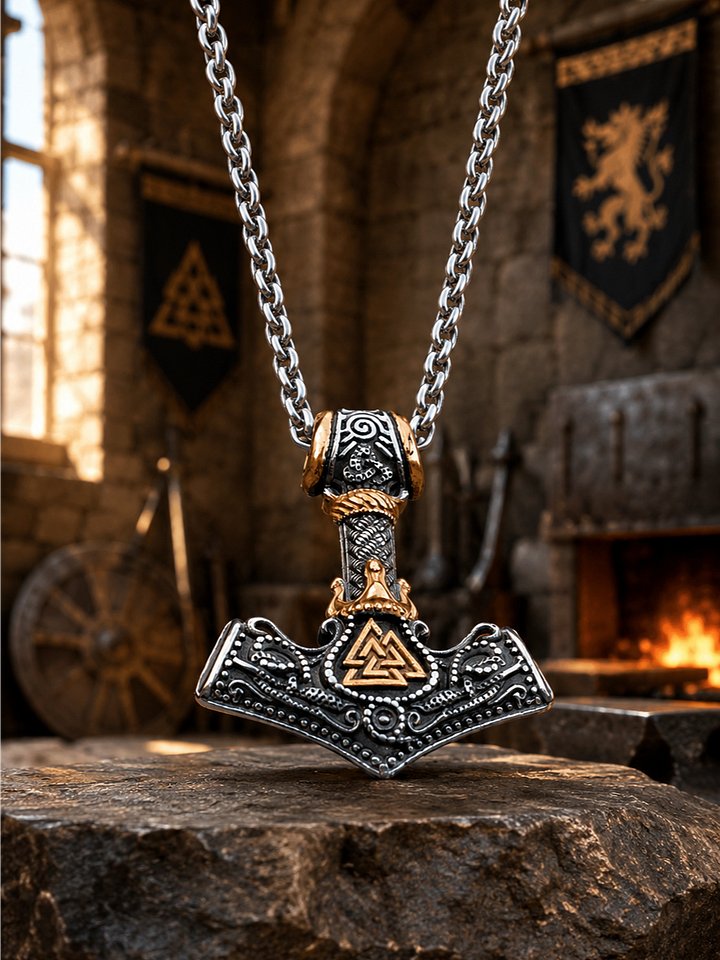 The Armored Kingdom King Thor's Hammer with Valknut Necklace-Mjölnir-Rune-Durable product image (1)