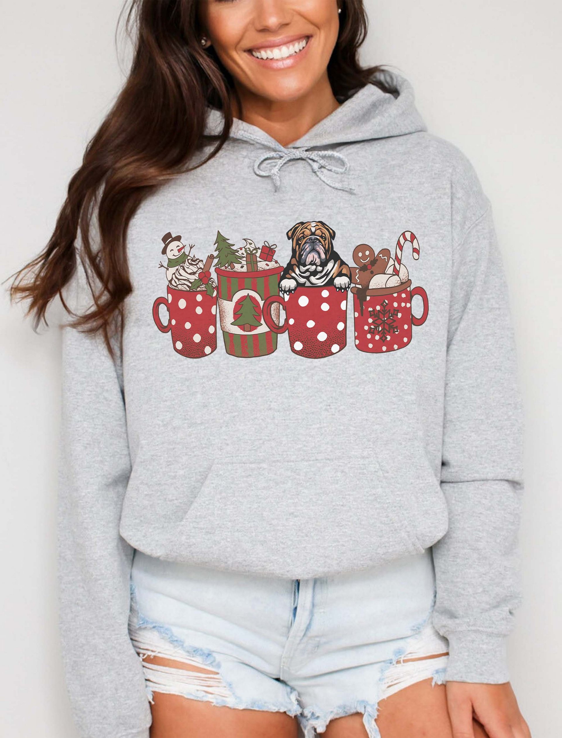 Cute English Bulldog in a Christmas Cup Hooded Sweatshirt | Funny Christmas Pup in a Cup product image (21)