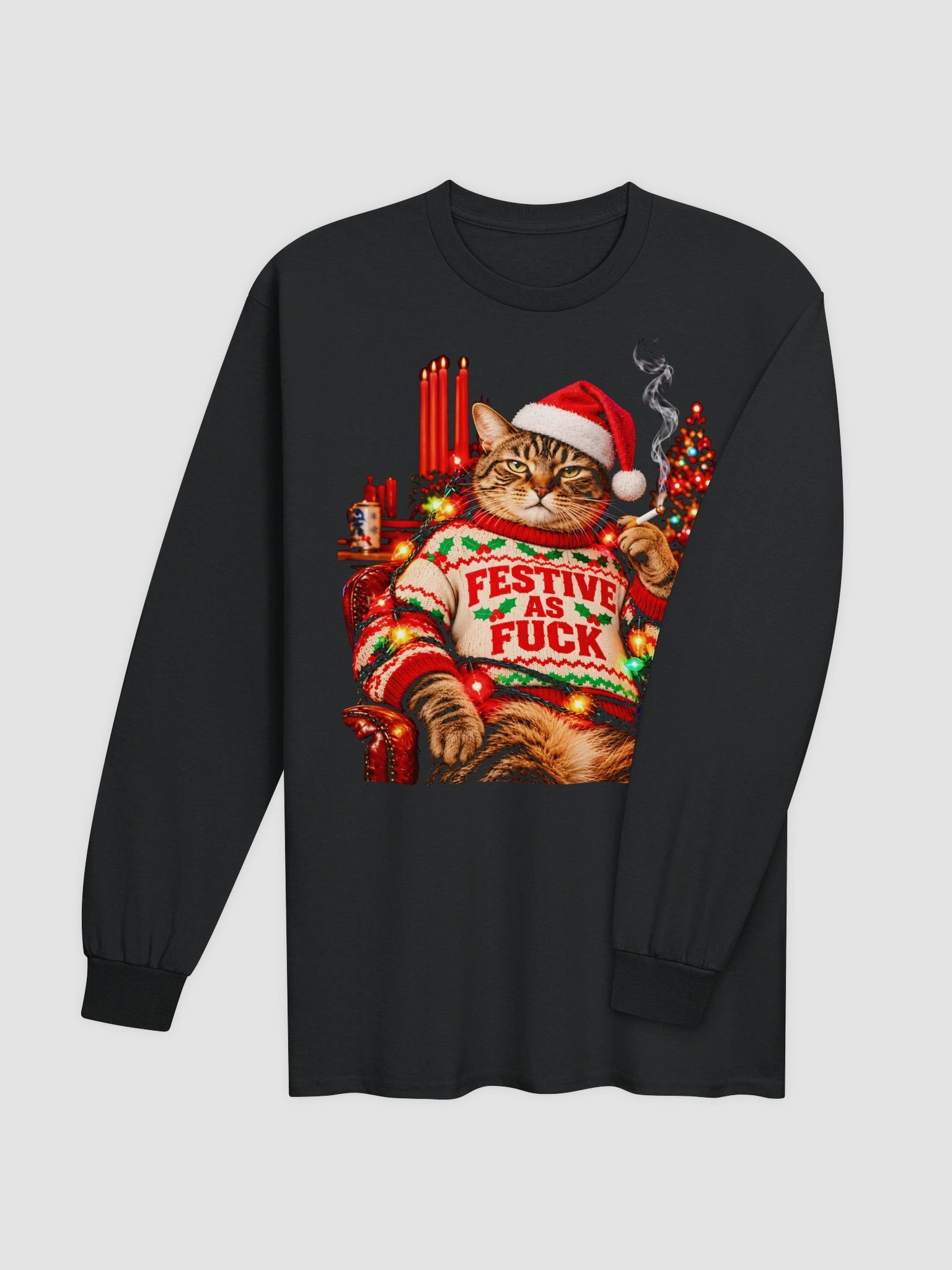 Festive As Fuck Cat Long Sleeve Shirt | Funny Smoking Cat Christmas Ugly Sweater Meme Long Sleeve Tee product image (3)