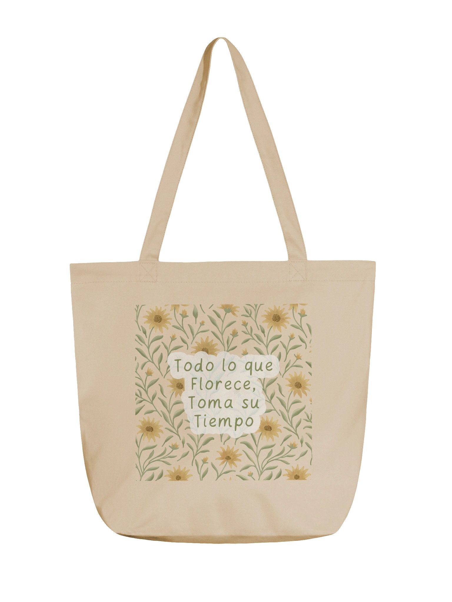Eco-Friendly tote bag with golden field floral design – Inspirational Quote, everything that blooms, takes its time product image (1)