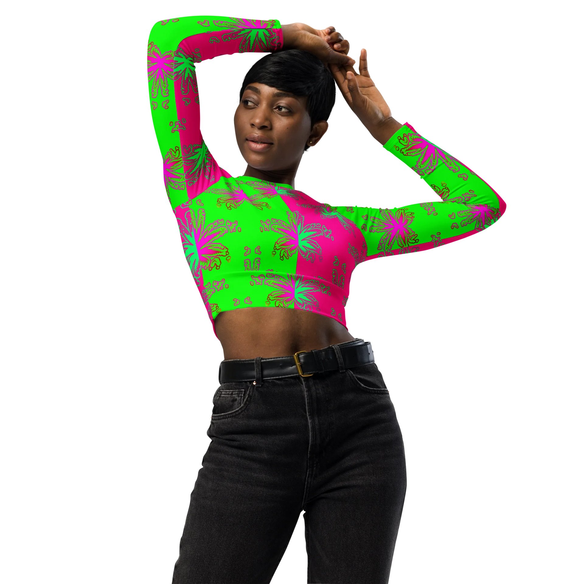 Cannabis Stoner Circus Stripes Recycled Long-Sleeve Crop Top, 420 Summertime Beach Weed Shirt, Neon Green Hot Pink Pot Leaf Pattern Clothing product image (4)