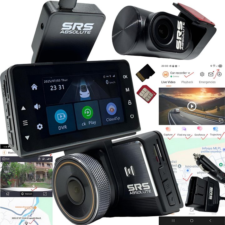 SRS ABSOLUTE Plug/Play 3K 4G DashCam| GPS+Live Video Monitor| Record/Download/Playback/Live/Call/Zoom| GPS Track| GeoTag | TimeLapse PIP WIFI HotSpot G-Sensor Motion 1TB MicroSD support-S44GO product image (1)