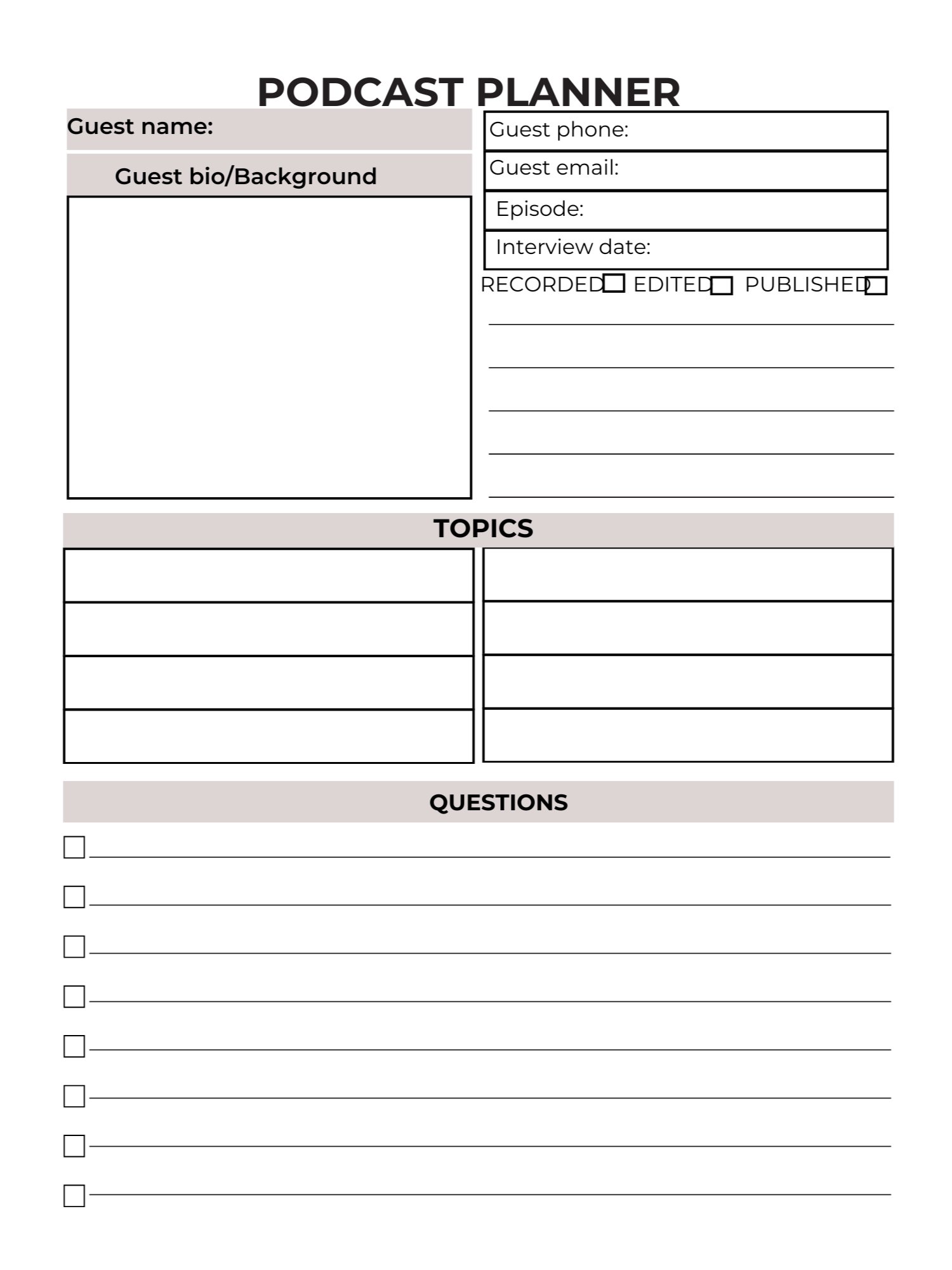“Podcasting with Purpose: A Complete Planner” “The Podcaster’s Playbook” “Mic Check: Podcast Planner & Tracker” product image (1)