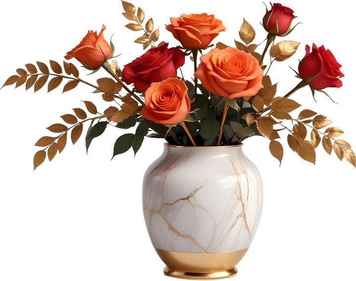 Romantic Grace – White Marble and Gold Rose Vase PNG product image (1)