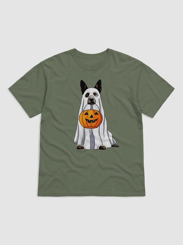 Australian Cattle Dog Halloween Tee | Funny Halloween Blue Heeler Wearing a Ghost Costume with Pumpkin Basket product image (1)