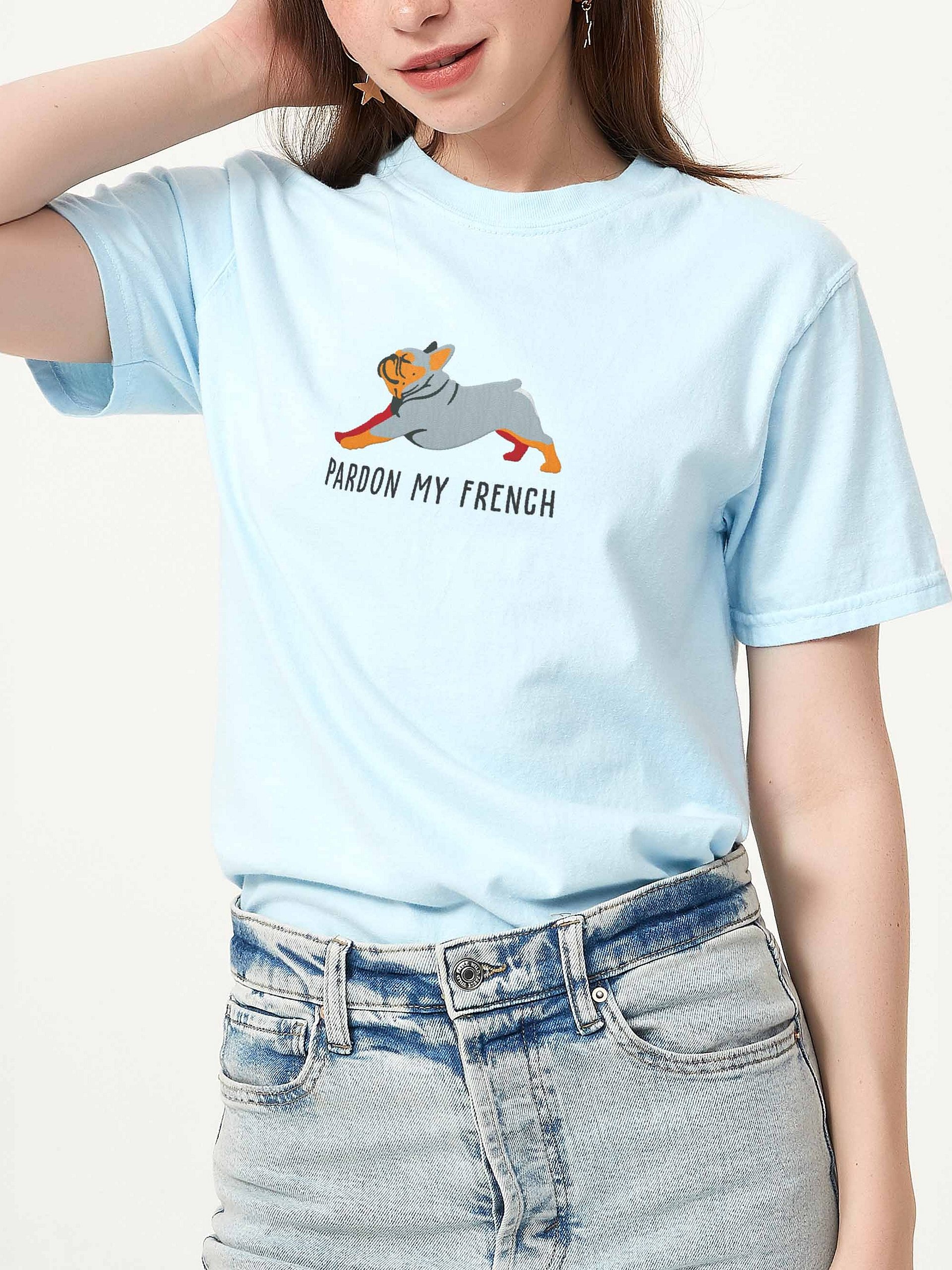 Pardon My French T-Shirt(Embroidered) of a French Bulldog(Blue & Tan) product image (2)