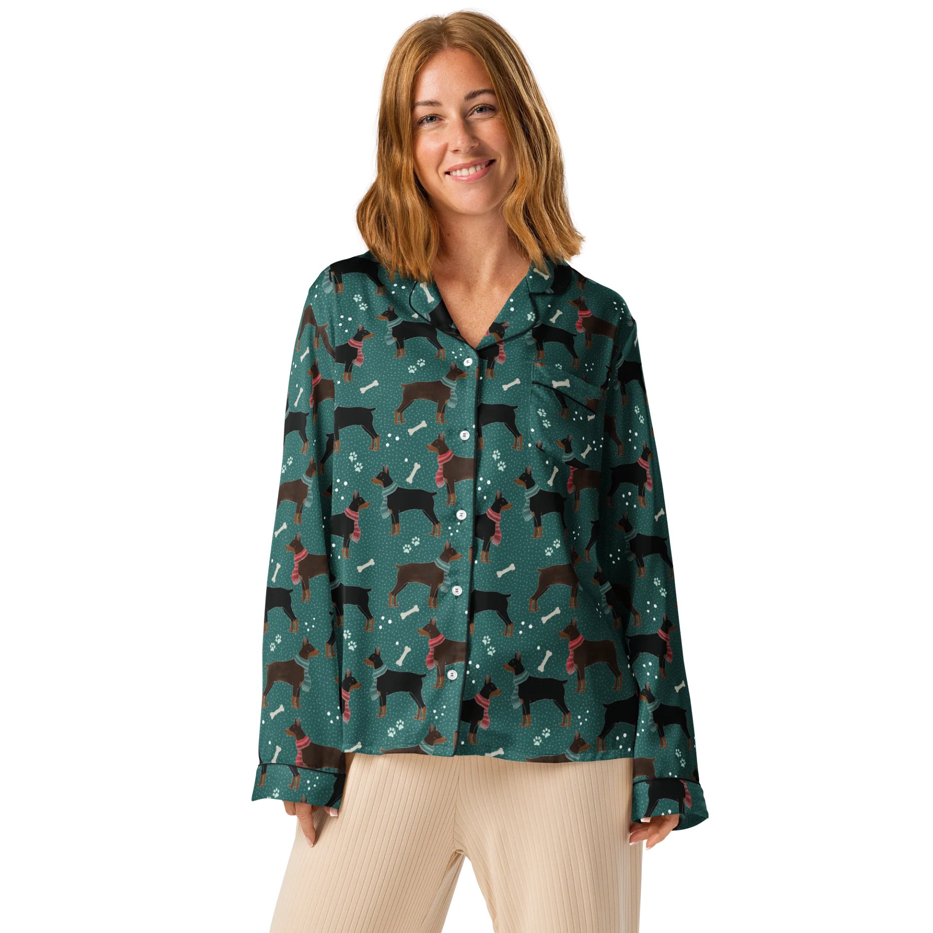 Winter Dobermans in Scarves Pattern Pyjama Shirt product image (2)